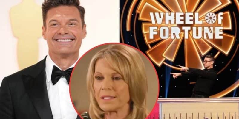 A collage image shows a man in a black tuxedo on the left, a woman with blonde hair in a red circle inset in the center, and a game show scene on the right with "Wheel of Fortune" written on a large sign. Ryan Seacrest is pointing at the game board.