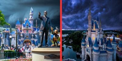 Split image of two Disney castles under dark, stormy skies. Left side shows Disney's Sleeping Beauty Castle with a statue of Walt Disney and Mickey Mouse in front, people in the foreground. Right side shows Cinderella Castle with a dramatic sky, empty of people.