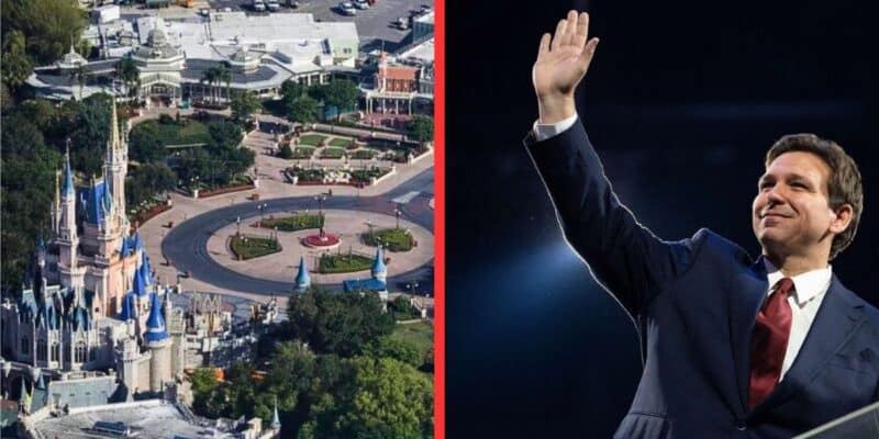 Side-by-side image: left side shows an aerial view of Disney's Magic Kingdom with Cinderella's Castle, walkways, and greenery. Right side shows Florida Governor DeSantis in a suit waving his right hand, standing against a dark background with a slight smile on his face.