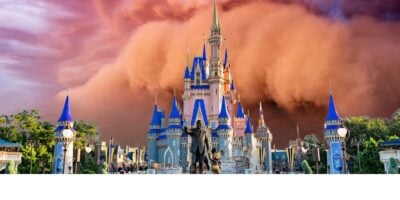 A grand fairy-tale castle with blue spires and ornate details stands at the center of Disney World, with a statue of two figures holding hands in the foreground. The sky behind the castle is dramatic, with vibrant shades of purple and orange clouds at sunset at Disney World.