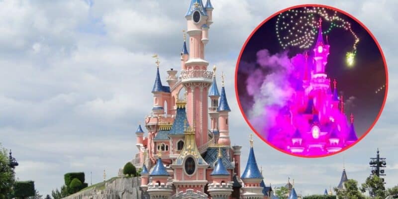 A grand pink castle with blue and gold accents stands under a partly cloudy sky. Inset in the top right corner, a nighttime scene of the same castle lit up with vibrant pink lights, surrounded by colorful fireworks in the sky.