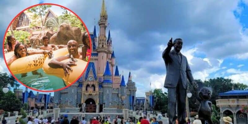 A crowded day at a Disney theme park, featuring Cinderella's Castle prominently. In the foreground, a statue of Walt Disney holding hands with Mickey Mouse is visible. A circular inset shows happy people enjoying a lazy river ride on inflatable tubes.