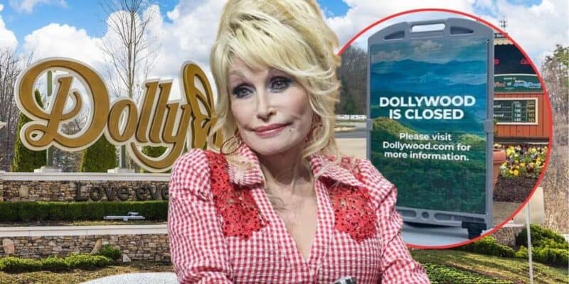 A woman with blonde hair wearing a red top stands in front of a Dollywood sign that reads, "Dollywood - Love Every Moment." In the background, there's also a sign stating, "DOLLYWOOD IS CLOSED. Please visit Dollywood.com for more information," reflecting the theme park closure during your favorite Dolly Parton destination.