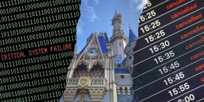 A collage showing binary code with the phrase "CRITICAL SYSTEM FAILURE," a Disney-inspired castle, and a digital display listing several canceled flight times.