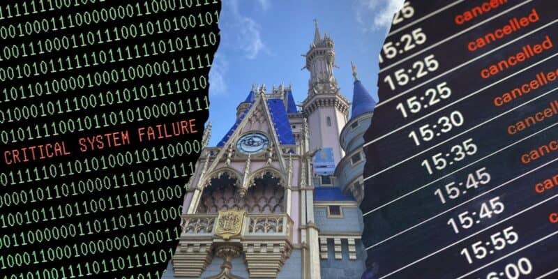 A collage showing binary code with the phrase "CRITICAL SYSTEM FAILURE," a Disney-inspired castle, and a digital display listing several canceled flight times.