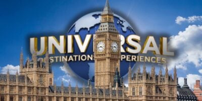 Big Ben and the Elizabeth Tower in London are shown with a partially translucent Universal logo featuring a globe in the background, creating a blend of the iconic landmark and the entertainment brand. Universal UK theme park ticket prices