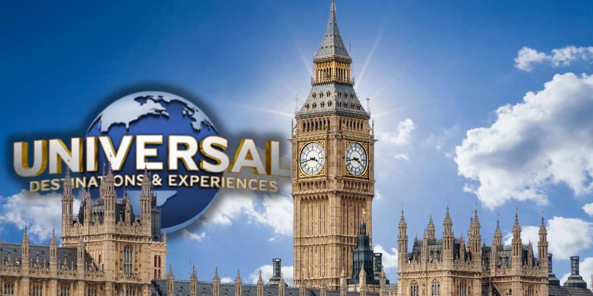 A digital rendering shows the iconic Big Ben tower in London under a sunny sky, partially overlaid with the Universal logo. The logo features a globe with "UNIVERSAL" in large gold letters. This will be Universal United Kingdom.