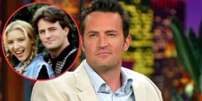 A man in a light-colored blazer and blue shirt is sitting and looking slightly off-camera. A circular inset in the top left corner shows two younger people, a man and a woman, smiling at the camera. In this colorful, blurred background, Hollywood Legend Matthew Perry becomes the focus of attention.
