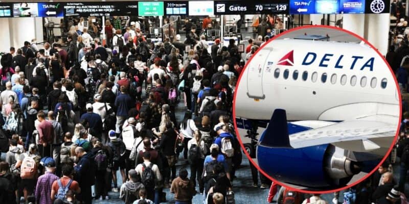 A crowded airport terminal filled with travelers. In the foreground, a circular inset shows a close-up of a Delta airplane tail fin with the airline's logo and part of the wing. The terminal has multiple signage and gates indicators above the crowd as Disney adults also join.