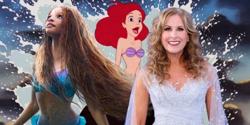 Three images are combined into one: On the left, a person dressed as a mermaid with long flowing hair; in the center, an animated character, also a mermaid, with red hair and a purple seashell top; and on the right, a smiling woman in a white dress.