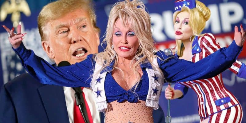 A collage features a woman in a blue and white star-spangled outfit with her arms spread wide, another similar woman in a US flag-themed outfit singing into a microphone, and a background of a man speaking at a podium.