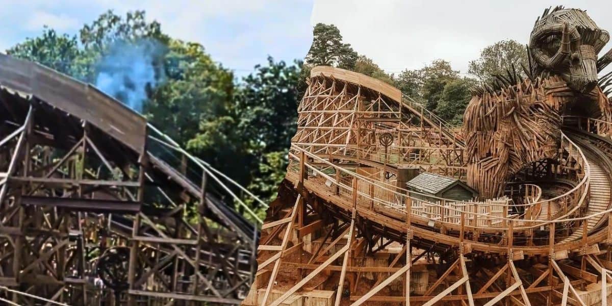 A split image shows two different wooden roller coasters. The left half, perhaps reminiscent of Alton Towers, depicts a coaster with blue smoke emanating from the top of a drop, surrounded by greenery. The right half features an intricately designed coaster with a large wood-carved figure and winding tracks.