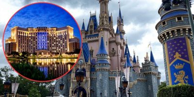An image of a majestic, fairy-tale castle complete with towers, spires, and detailed architecture. Inset on the left is a round image of a brightly lit, grand resort building at dusk, surrounded by water and lush greenery. The castle stands under a cloudy sky.