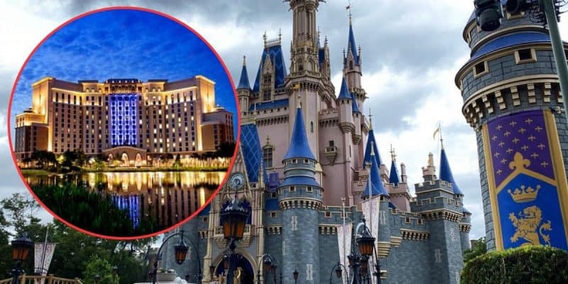 An image of a majestic, fairy-tale castle complete with towers, spires, and detailed architecture. Inset on the left is a round image of a brightly lit, grand resort building at dusk, surrounded by water and lush greenery. The castle stands under a cloudy sky.
