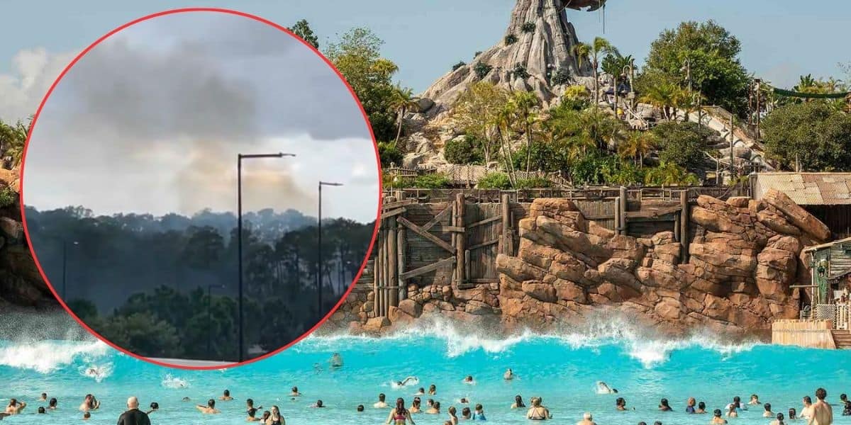 An image of a bustling water park with people enjoying a large wave pool. In the background, there is a rocky structure with lush greenery. The image features an inset showing columns of smoke rising above treetops under a clear sky.