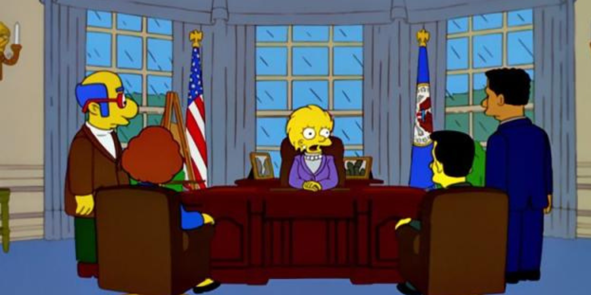 An animated scene depicts five characters in a formal office with large windows. One character, resembling Kamala Harris or the U.S. President, sits behind a grand desk adorned with two flags. The other four characters stand around the desk, attentively focused on the seated figure, reminiscent of a classic Disney animation.
