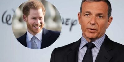 Bob Iger speaks in the foreground, while an inset circular image shows Prince Harry.