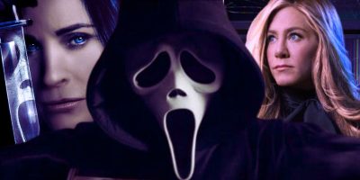 L to R: Courteney Cox and Ghostface in 'Scream', Jennifer Aniston in 'The Morning Show'
