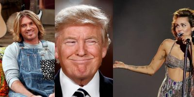 A triptych showing three people side by side. The left image features a man with shoulder-length hair wearing denim overalls. The middle image is of an older man with blonde hair in a suit and tie, smiling. The right image shows a woman with shoulder-length hair holding a microphone on stage.
