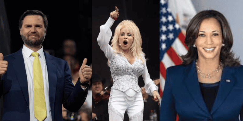 A composite image shows three individuals. On the left, JD Vance gives two thumbs up in a suit. The middle person, reminiscent of Dolly Parton in a sparkly white outfit, sings passionately. On the right, a woman in a blue suit stands before American flags, smiling.