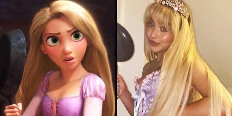 Side-by-side image of Rapunzel from "Tangled" and a person dressed as Rapunzel. Rapunzel, on the left, holds a frying pan and looks surprised. The person on the right wears a similar outfit with a frying pan, long blonde hair, and a tiara.