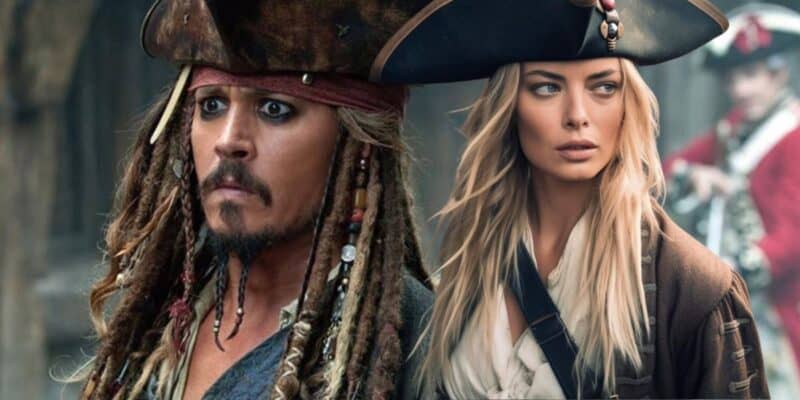 A man and a woman dressed as pirates stand side by side, reminiscent of the Pirates of the Caribbean. The man, sporting dreadlocks, a mustache and beard, wears a tricorn hat and black eyeliner. The woman, with long blonde hair and pirate attire, looks off to the side like a Hollywood star lost in thought.