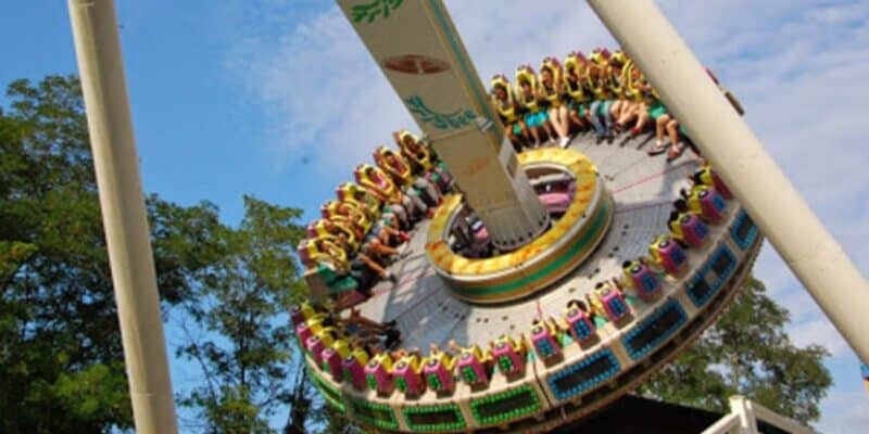 People are sitting in a circular amusement ride at a theme park, secured by harnesses, as it moves. The ride is tilted at an angle against the blue sky and trees in the background. Bright colors decorate the ride, and the participants seem engaged in the thrilling experience.
