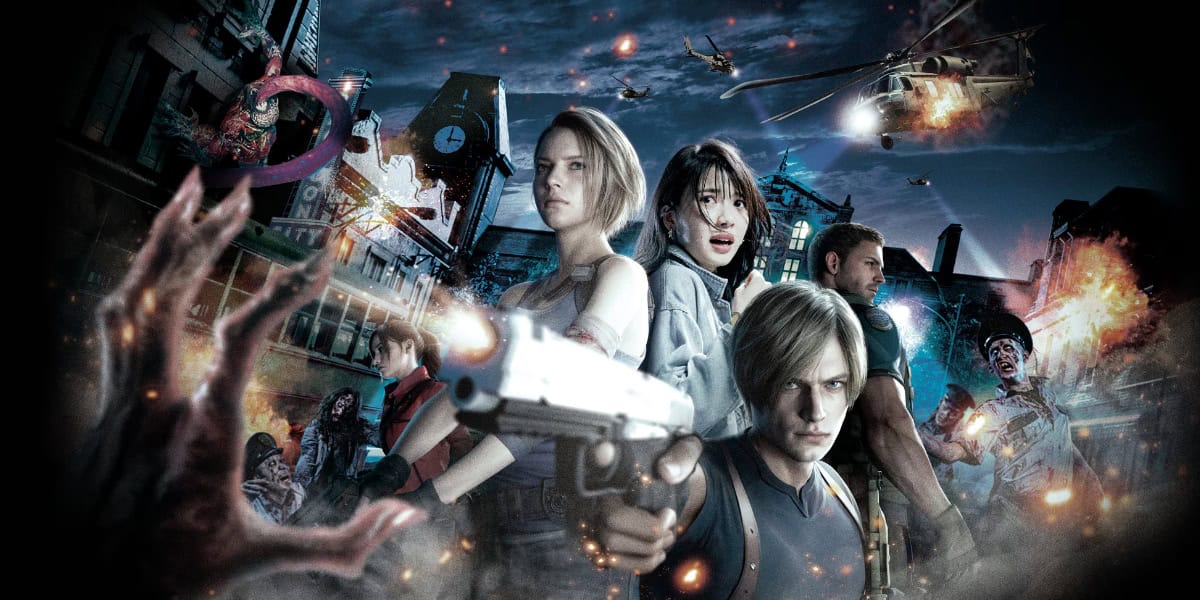 A group of armed individuals stands ready against a dark, chaotic cityscape. Explosions and fires light the background, with helicopters flying overhead. Zombies and mutated creatures charge at the group, making this Universal Studios attraction intense enough to justify an age limit that has kids banned.