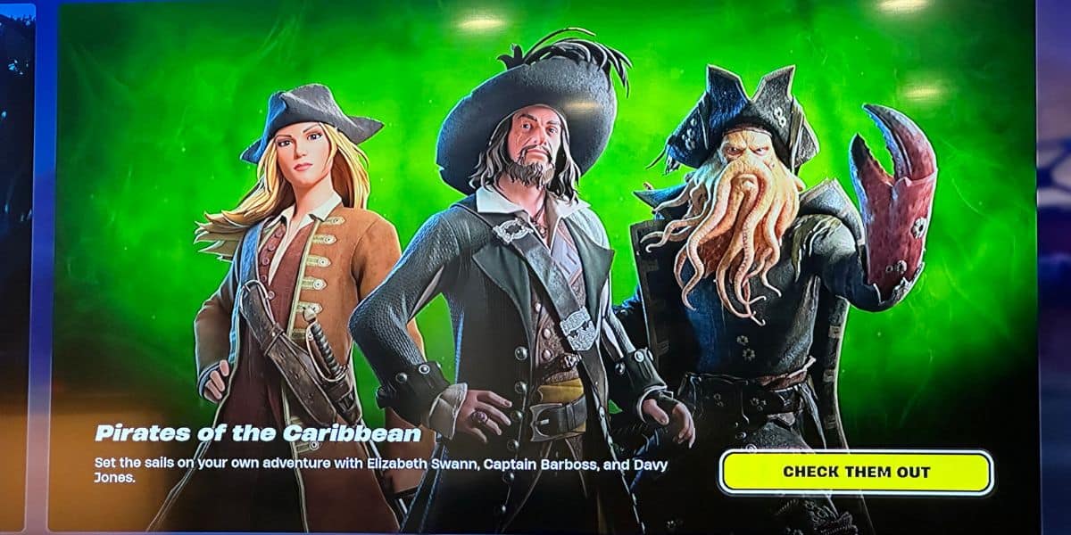 A promotional image for 'Pirates of the Caribbean' in Fortnite where Captain Barbossa is misspelled as Captain Barboss.