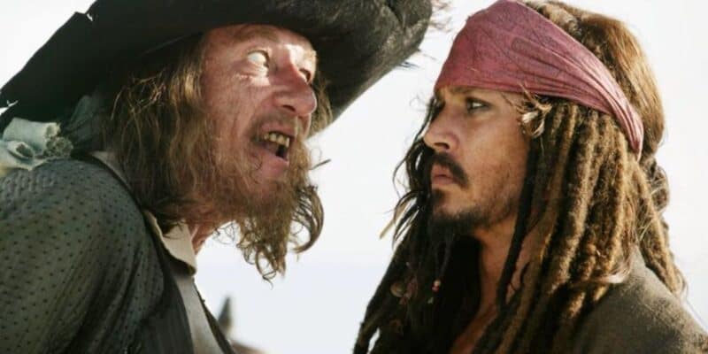 Captain Jack Sparrow confronts Captain Barbosa.