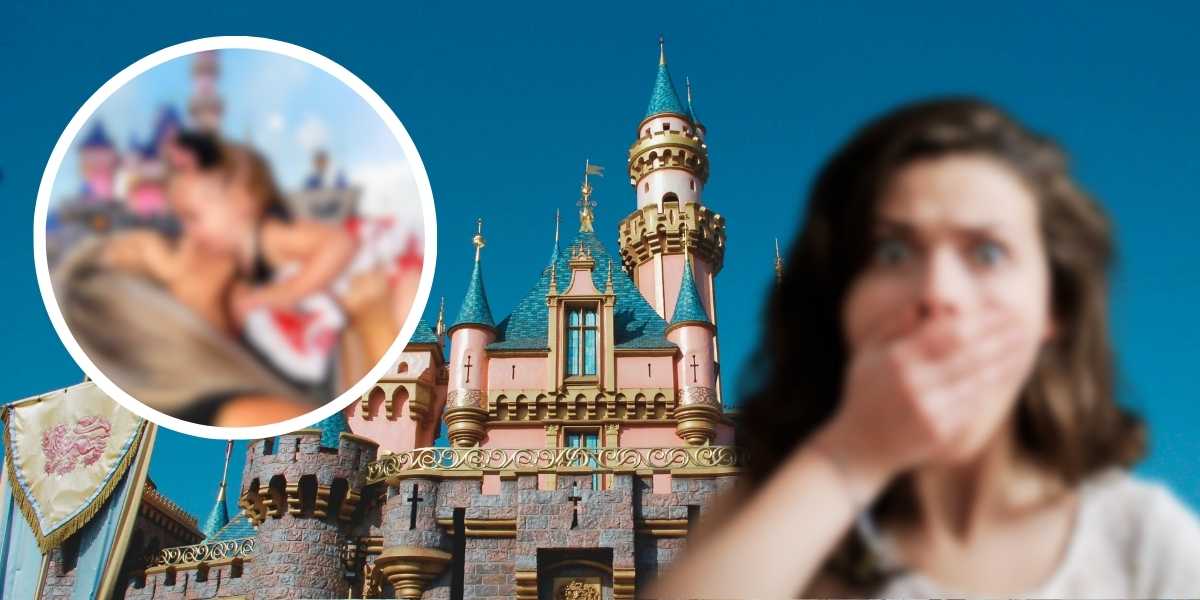 A woman with a surprised expression covers her mouth with her hands in front of a fairy-tale castle at Disneyland. In an inset circle to the left, a blurry image shows two people in an amusement park setting. The sky is clear and blue.