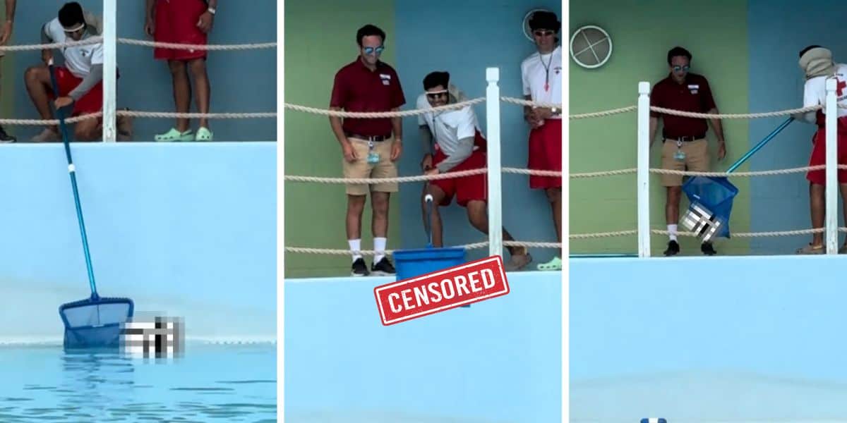 Three stills from a video of men fishing an adult toy out of the water.