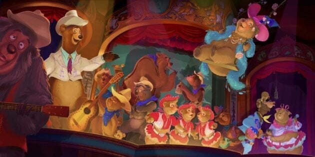 A colorful animated scene shows multiple bears performing on stage dressed in cowboy, cowgirl, and frilly outfits. They sing and play musical instruments like guitars and banjos. The background has a festive, western-themed decor with curtains and stage lights.