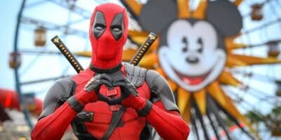 Deadpool with the Pixar Pal-A-Round in the background at Disney California Adventure with