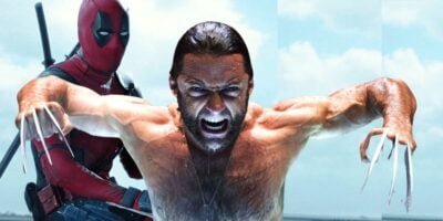 A muscular man with elongated, sharp claws emerging from his hands is in an intense pose, screaming with aggression. Behind him, a person in a red and black suit, resembling Deadpool, stands holding a sword, with a cloudy sky as the backdrop.