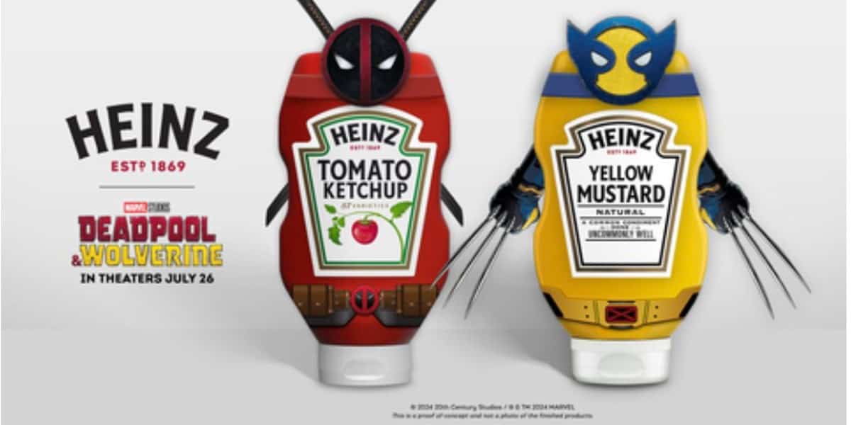 Two condiment bottles dressed as Marvel characters. The ketchup bottle, dressed as Deadpool, and the mustard bottle, dressed as Wolverine, sit side by side. The text reads "Heinz Tomato Ketchup" and "Heinz Yellow Mustard." Below is an ad for "Deadpool & Wolverine" in theaters July 26.