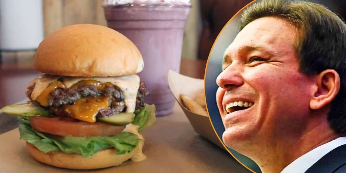 Left: Food at Walt Disney World Resort including a burger, fries, and shake. Right: Ron DeSantis laughing.