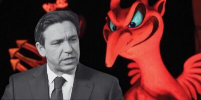Left: Ron DeSantis in black and white. Right: The devil on Mr. Toad's Wild Ride.