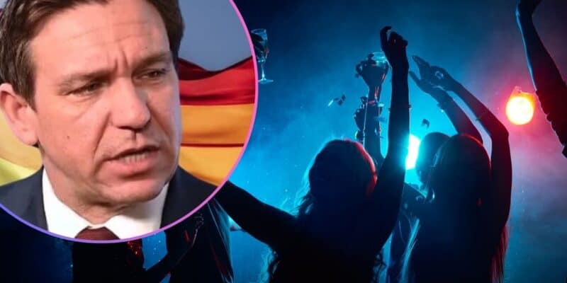 Ron DeSantis superimposed against a party scene.