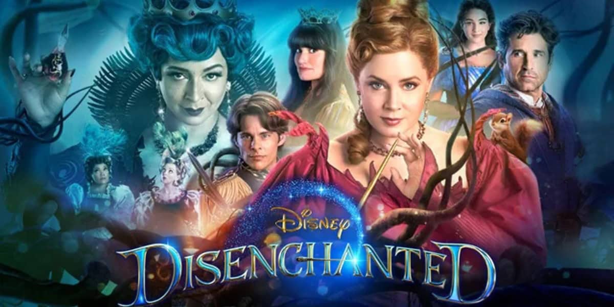 A vibrant movie poster for Disney's "Disenchanted" featuring various characters in magical and fantasy-inspired costumes. The focal point is a woman in a red dress holding a wand, surrounded by other characters against a mystical, blue-toned background.