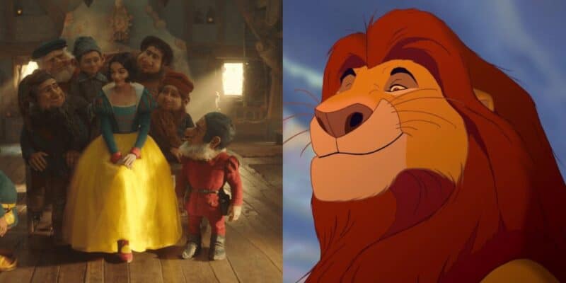 The image is split into two parts. On the left, it shows a live-action scene with Rachel Zegler dressed as Snow White seated among the seven dwarfs, reminiscent of classic Disney remakes. On the right, there is Mufasa, the animated lion with a red mane, smiling against a blue sky background.