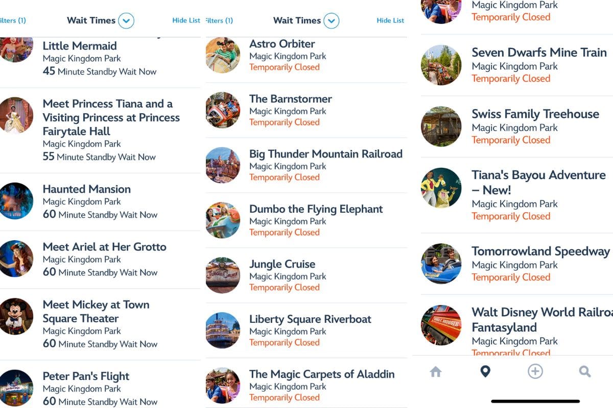 Magic Kingdom Park wait times on July 4, when a thunderstorm shut down many rides.