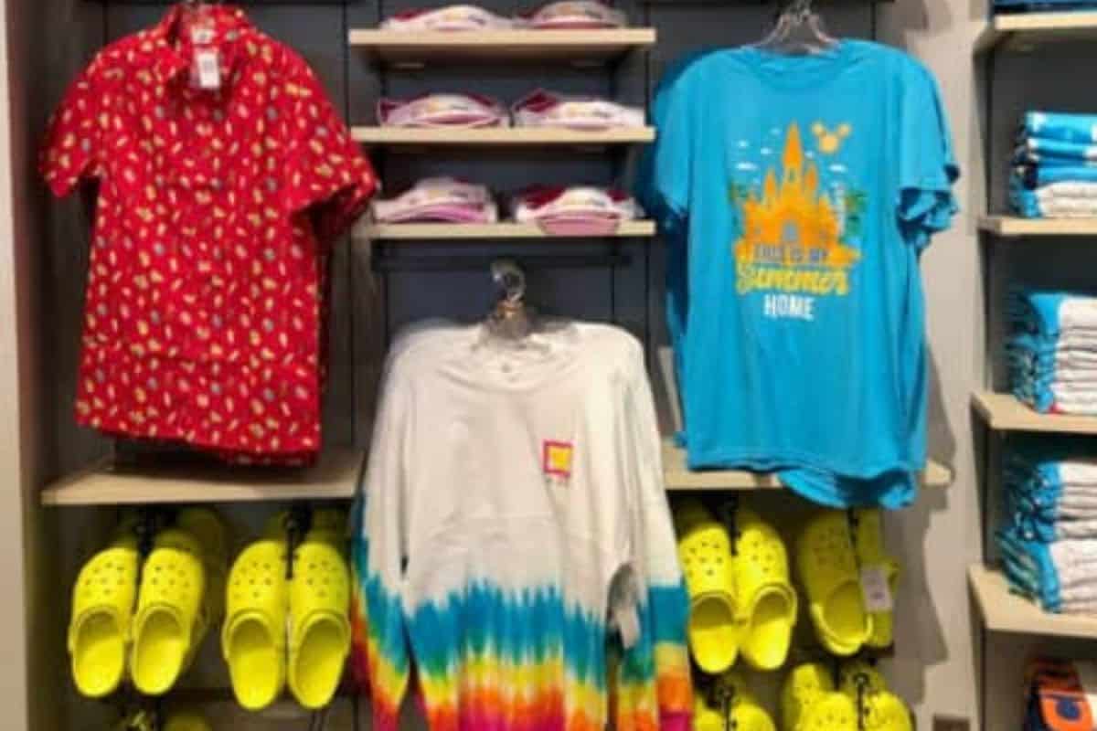 Shirts and crocs on sale for summer at Disney World.