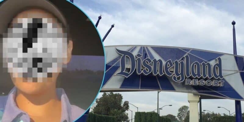 Left: A blurred out Disney cast member talking to her phone camera. Right: The "Disneyland Resort" sign entrance in Anaheim.