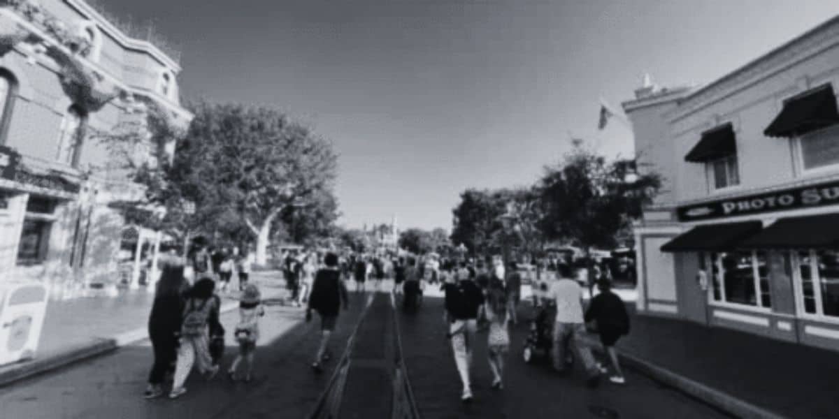 Disneyland crowds on Main Street, U.S.A. during a non-busy day, edited to black & white.