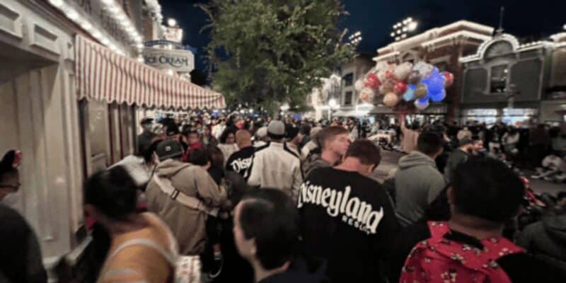 Large crowds of people on Main Street, U.S.A. at Disneyland Park in Anaheim, California.