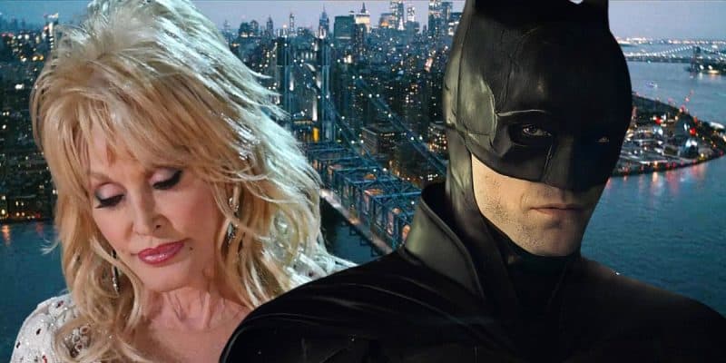 The Batman (Robert Pattison) and Dolly Parton digitally superimposed over Gotham City