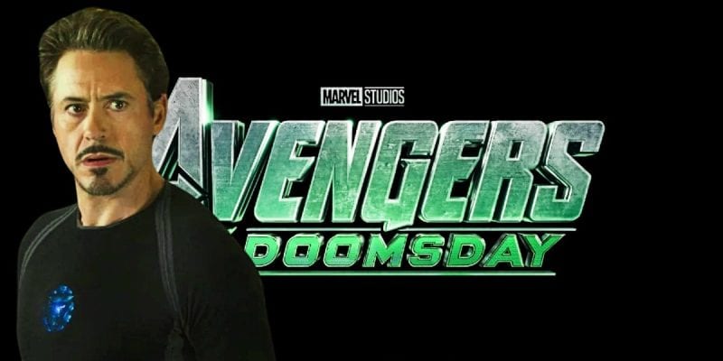 Robert Downey Jr. as Tony Stark superimposed against the Avengers: Doomsday logo