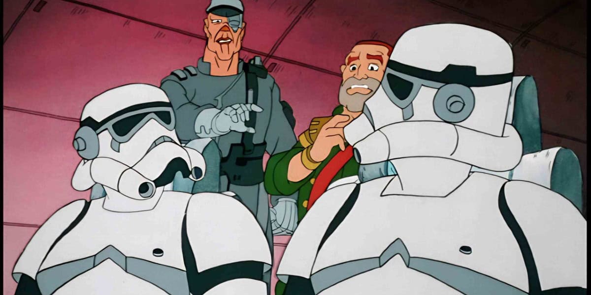 A scene from Star Wars: Droids shows animated stormtroopers standing in front while two human characters in military attire, one looking stern and another looking worried, are in the background. The setting appears to be inside a spacecraft or space station.