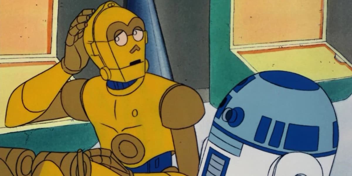 An animated scene featuring two robots. A gold humanoid robot, C-3PO, is sitting and holding its head. Next to it is a smaller, dome-shaped blue and white robot, R2-D2. Both are in a room with a yellow and green interior background.